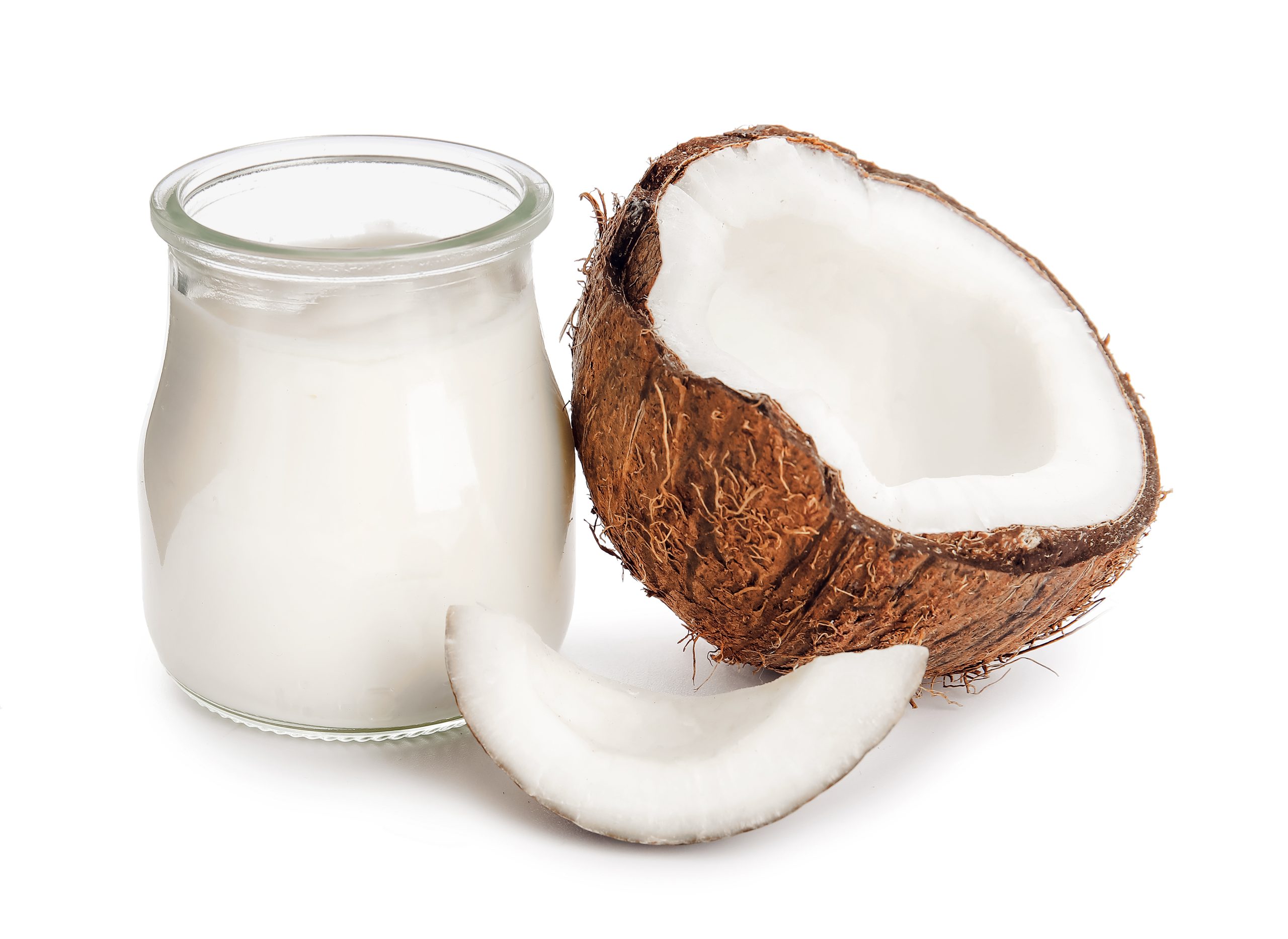 Jar of tasty coconut yogurt on white background